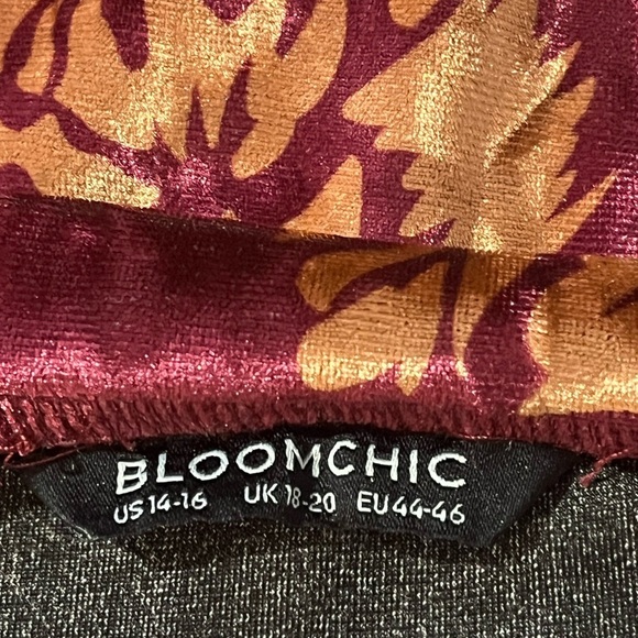BloomChic sz 14-16 Velvet V-neck hi-low top, burgundy with gold flowers EUC - Picture 7 of 7